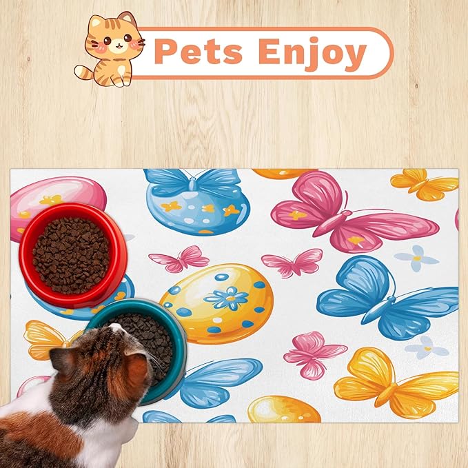 Spring Easter Dog Food Mat for Floors Absorbent Dog Bowl Mat for Food and Water Dispenser Quick Dry Cat Food Placemat Pet Supplies 12" x 20", Watercolor Butterfly