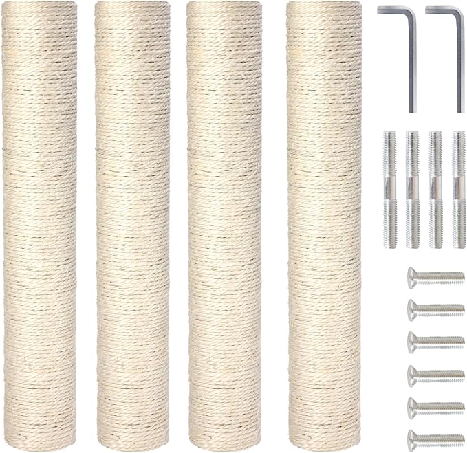 PowerKing 4-Pack 15.7" Cat Scratching Post Replacement - Natural Sisal Rope Scratcher Poles with M8 Screws for Indoor Cat Tower Renewal Parts, Cat Furniture Refill Parts (White)