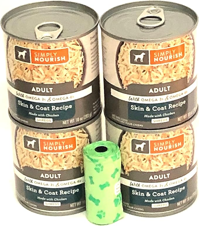 SIMPLY NOURISH Adult Skin & Coat Recipe Shreds Made with Chicken. with Omega-3s & Omega 6s Comes in 4-10 OZ Cans/Plus Dog Waste Bag.