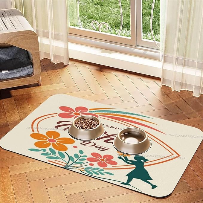 Pet Feeding Mat Happy Mother's Day Floral Gift Mom Da Dog Food Mat for Food Water No Stains Quick Dry Dispenser Cat Bowl Mats for Messy Drinkers 18X12In