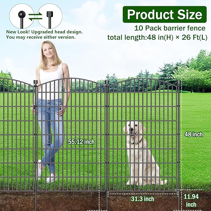 10 Panels No Dig Decorative Garden Fence with Gate - 48 in (H) x 26 ft (L), Dog Fence Outdoor for Yard, Rustproof Metal Animal Barrier Ground Stakes Fencing for Garden, Patio, Flower Bed