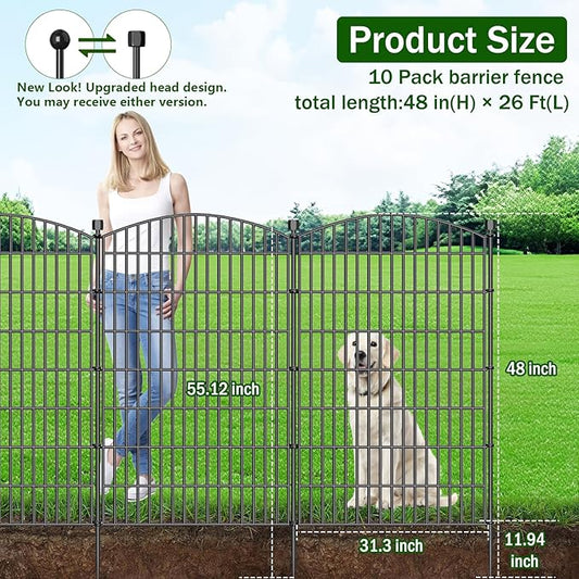 10 Panels No Dig Decorative Garden Fence with Gate - 48 in (H) x 26 ft (L), Dog Fence Outdoor for Yard, Rustproof Metal Animal Barrier Ground Stakes Fencing for Garden, Patio, Flower Bed