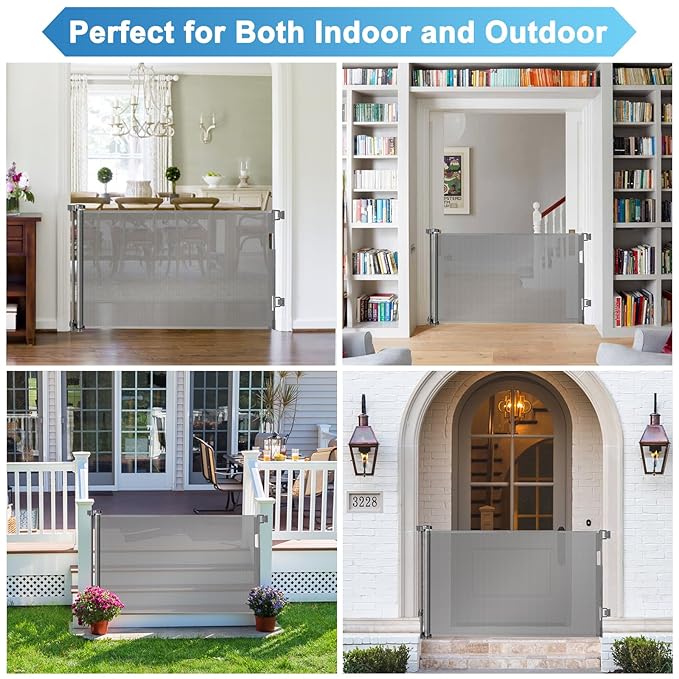 55 Inch Retractable Baby Gate for Stairs Retractable Dog Gates for Doorways Outdoor Baby Gates for Decks Indoor Dog Gates for The House Extra Wide Pet Gate Stair Gates for Kids or Pets Deck Gate Gray