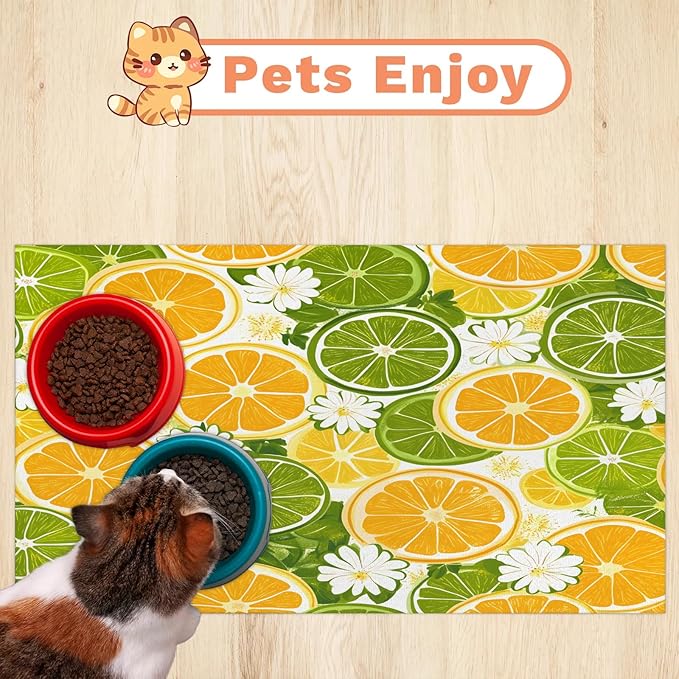 Lemon Dog Food Mat for Floors Absorbent Dog Bowl Mat for Food and Water Dispenser Quick Dry Cat Food Placemat Pet Supplies 24" x 32", Daisy Floral