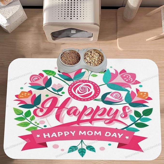 Dog Food Mats for Floors Absorbent Pet Cat Food Mat Happy Mother's Day Floral Gift Mom T Non Slip Dogs Bowl Mats for Water Dog Placemats Feeding Mat Pet Supplies 18X12In