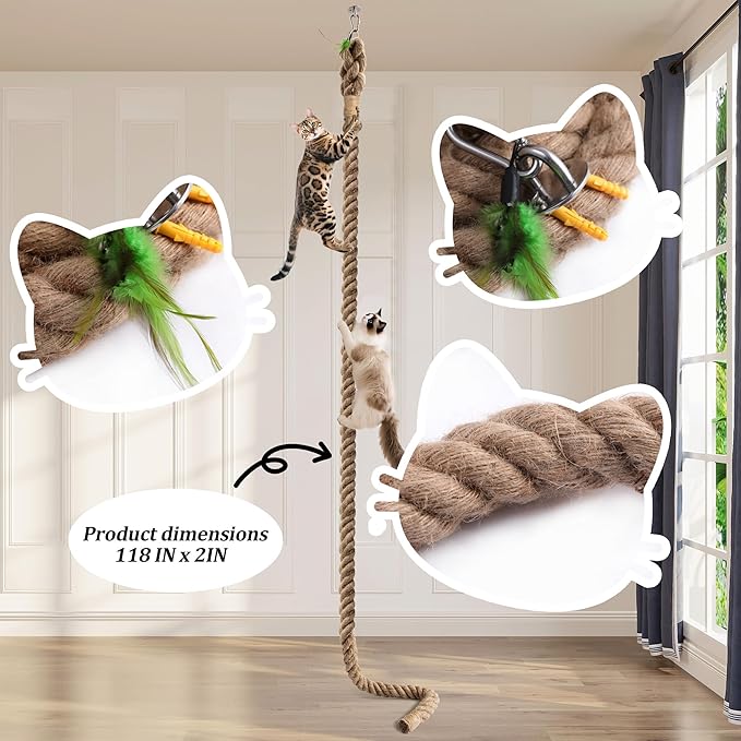 2" x 9.84Ft Cat Climbing Rope with Hook for Ceiling & Wall Mounted, Natural Sisal Rope for Cat Scratcher with Feather Toy for Indoor/Outdoor Cats, Durable Cat Tree Replacement Rope