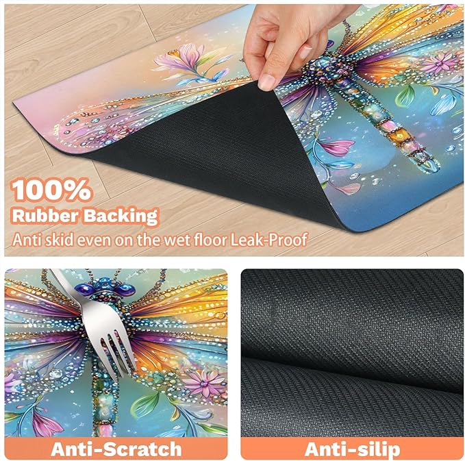 Dragonfly Dog Food Mat for Floors Absorbent, Quick Dry Water Dispenser Mat for Food, Water, Pet Supplies 24" x 32", Floral
