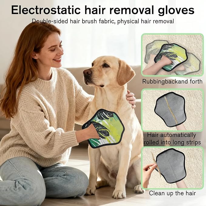 Reusable Pet Hair Removal Glove Palm Leaves Watercolor Magic Brush for Cat & Dog Hair Remover for Car, Sofa, Bedding, Clothes - 9x9 Mitt Washable