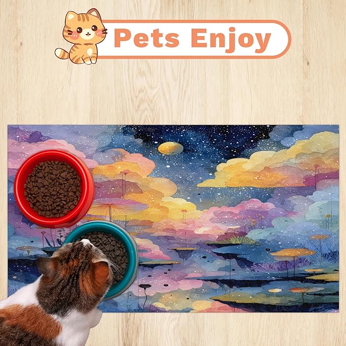 Lotus Leaf Dog Food Mat for Floors Absorbent, Quick Dry Water Dispenser Mat for Food, Water, Pet Supplies 24" x 32", Cloud Moon