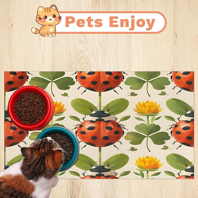 Boho Ladybird Dog Food Mat for Floors Absorbent, Quick Dry Water Dispenser Mat for Food, Water, Pet Supplies 17" x 30", Flower