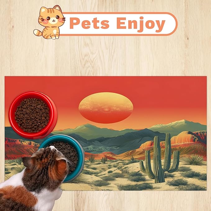 Sunrise Dog Food Mat for Floors Absorbent, Quick Dry Water Dispenser Mat for Food, Water, Pet Supplies 16" x 24", Cactus