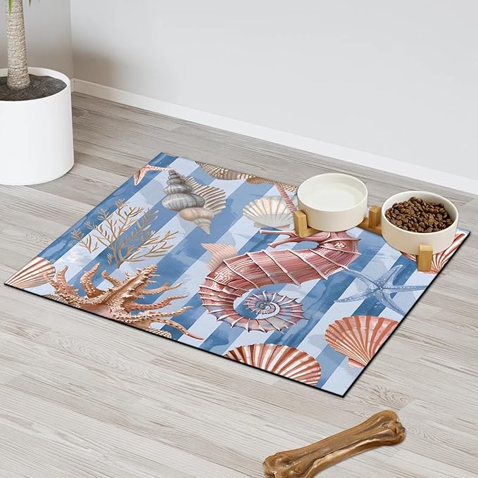 Shell Seahorse Dog Food Mat for Floors Absorbent Dog Bowl Mat for Food and Water Dispenser Quick Dry Cat Food Placemat Pet Supplies 12" x 20", Blue White Lines