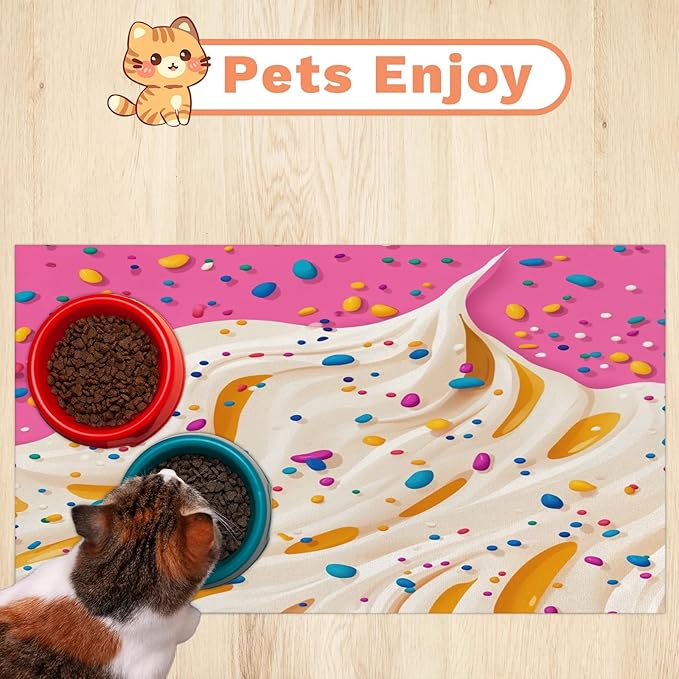 Ice Cream Dog Food Mat for Floors Absorbent Dog Bowl Mat for Food and Water Dispenser Quick Dry Cat Food Placemat Pet Supplies 24" x 32", Colorful Dessert