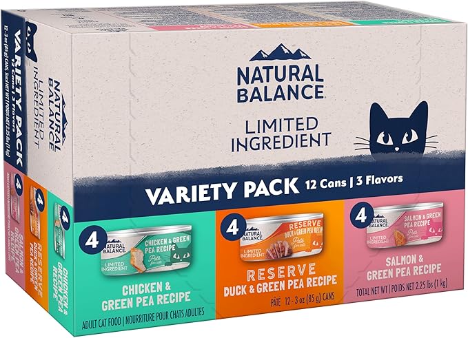 Natural Balance Limited Ingredient Cat Food Variety Pack - Chicken, Salmon and Duck with Green Pea Recipes, Soft Pate Wet Digestion Cat Food for Sensitive Stomach, 3 oz., Case of 12