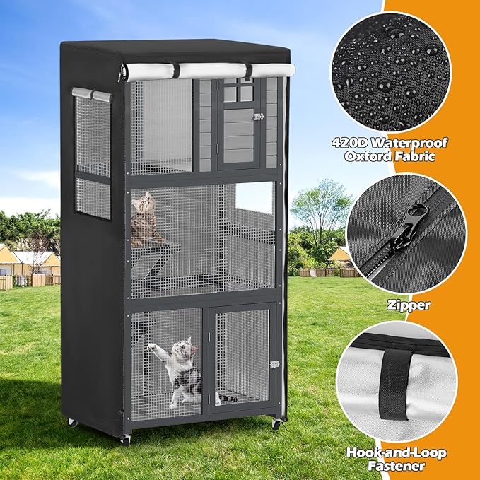 Catio Cover,37.5"L x 27"W x 74.5"H Cover for Catio Outdoor Cat Enclosure Waterproof, 420D Cat Cage Covers for PawHut Wooden Catios, Outdoor Cats Enclosure Covers(Black)(Catios Not Included)
