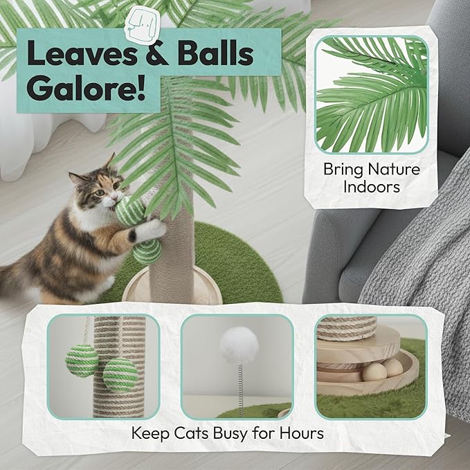 Cat Scratching Post 34 Inch with Rotating Turntable and Removable Hanging Ball, Cat Scratcher for Indoor Cats, Ultra Stable Base, Paw-FGreen Baseriendly Jute Material, Green Base
