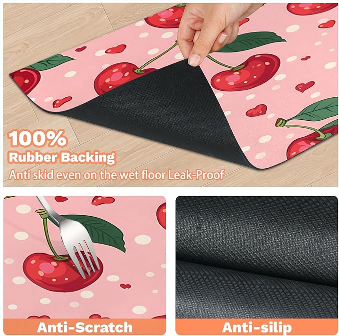 Pink Cherry Dog Food Mat for Floors Absorbent Dog Bowl Mat for Food and Water Dispenser Quick Dry Cat Food Placemat Pet Supplies 16" x 24", Cute Fruit