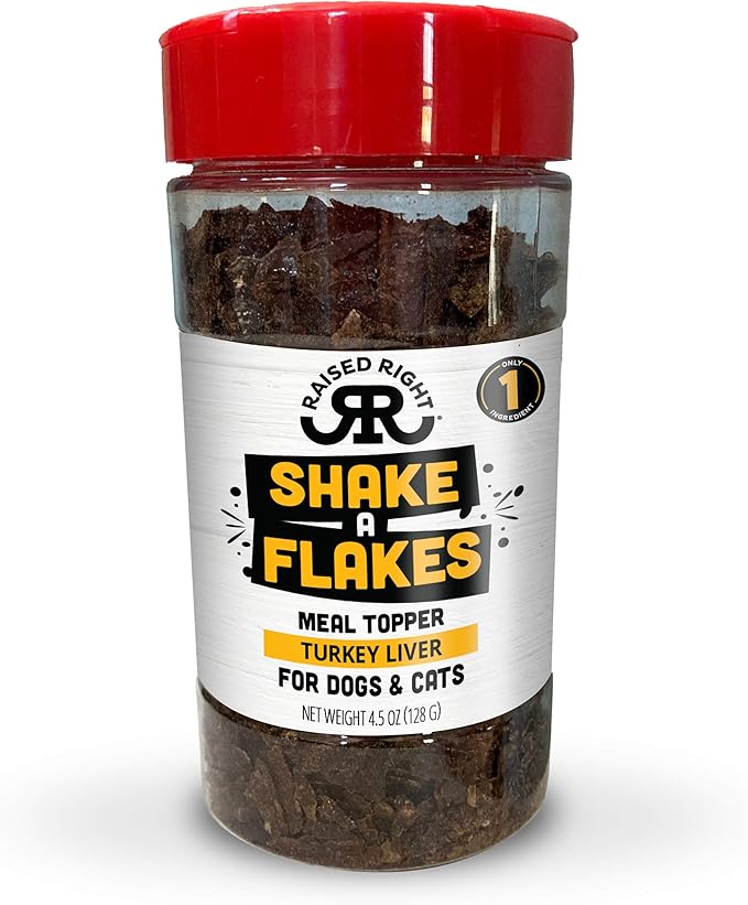 Raised Right Turkey Shake A Flakes, Single Ingredient Meal Topper for Dogs & Cats, 4.5 oz., Brown