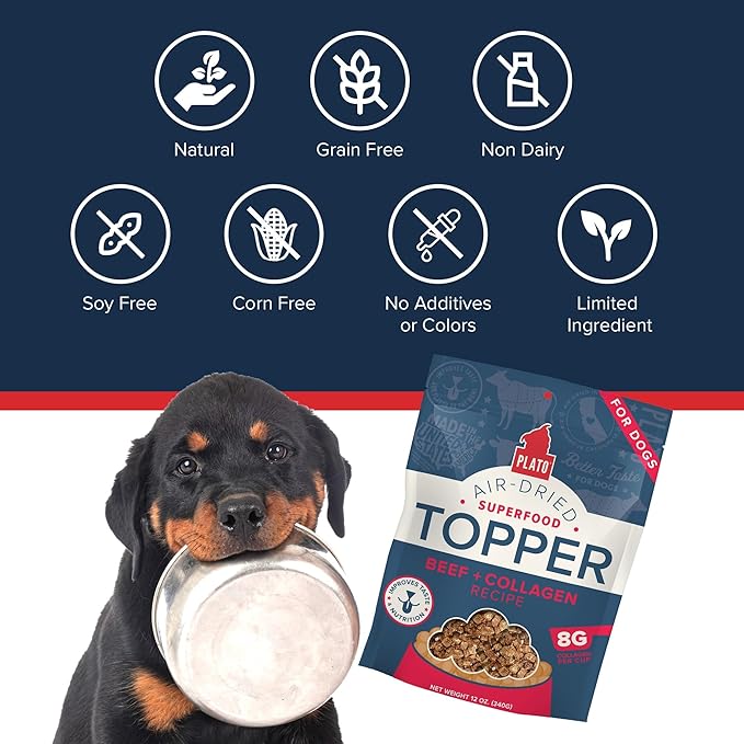 Plato Pet Treats Dog Food Toppers - Air-Dried Dog Food Toppers for Dry Food - with Collagen to Support Skin and Coat Health - Beef and Collagen Recipe 5.5oz