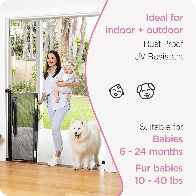 Retractable Baby Gate Perma Child Safety 41" Tall x 71” Wide, Mesh, for Stairs, Doorways, Dogs, Pets, Indoor, Outdoor, One-Handed Operation, Locking, Easy Install, Hardware Mount, Black