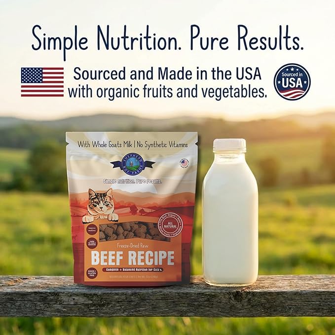 Shepherd Boy Farms Freeze-Dried Beef Cat Food – High-Protein, Grain-Free, Made with Organic Superfoods & Goat’s Milk (12oz)