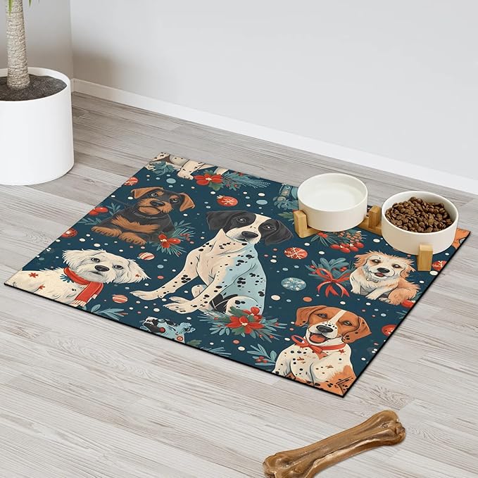 Merry Christmas Dog Food Mat for Floors Absorbent, Quick Dry Water Dispenser Mat for Food, Water, Pet Supplies 16" x 24", Pet Dog