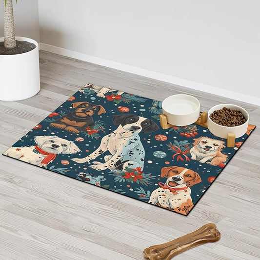 Merry Christmas Dog Food Mat for Floors Absorbent, Quick Dry Water Dispenser Mat for Food, Water, Pet Supplies 16" x 24", Pet Dog