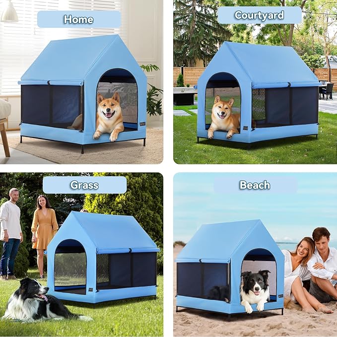 PETSFIT Dog House Outdoor, Upgraded Dog Shelter with Weatherproof PVC Canopy, Breathable Mesh Windows and Sunshades, Elevated Dog Bed with Protable Carring Case (Blue)