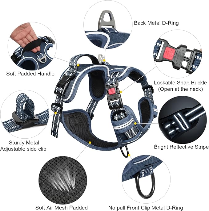 Timos Dog Harness Medium Sized, No Pull Pet Harness with Neck Lockable Snap,No Choke Front Clip Dog Reflective Vest,Adjustable Metal Rings 3 Buckles,Easy Control Handle for Medium Dogs Royal Blue M