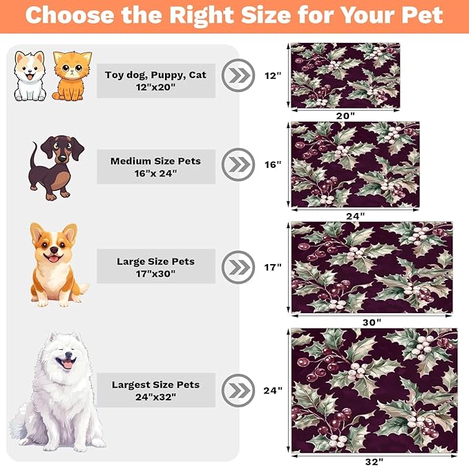 Christmas Holly Dog Food Mat for Floors Absorbent, Quick Dry Water Dispenser Mat for Food, Water, Pet Supplies 17" x 30",