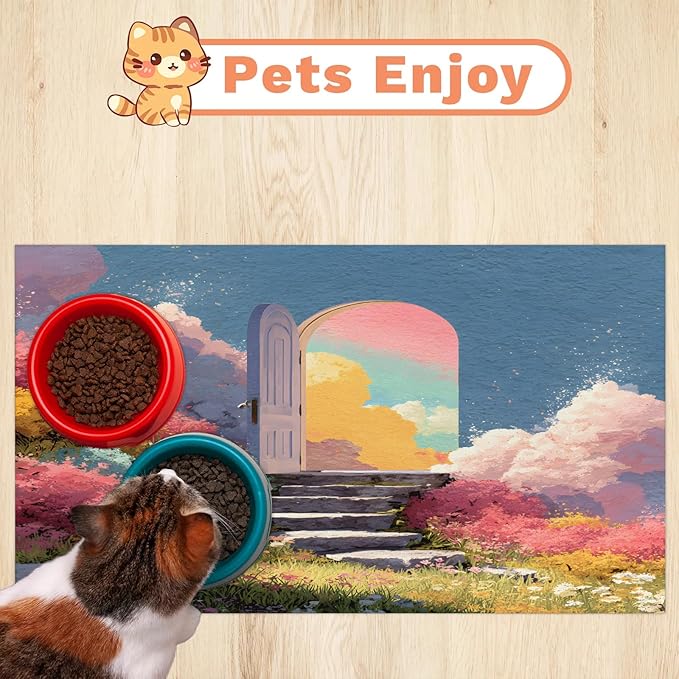 Cloud Door Dog Food Mat for Floors Absorbent, Quick Dry Water Dispenser Mat for Food, Water, Pet Supplies 24" x 32", Colorful Flower