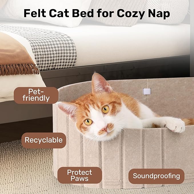 FUKUMARU Cat Beds for Indoor Cats, 24 Inch Large Cat Couch Bed with Cozy Faux Rabbit Fur Cushion, Felt Cats House Sofa in Oval Shape, Camel