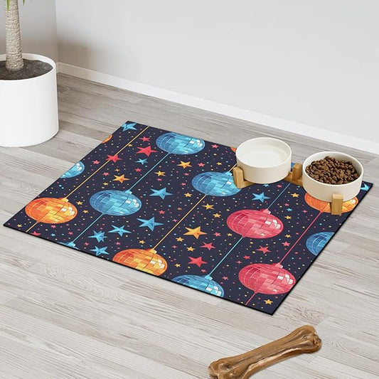 Christmas Ball Dog Food Mat for Floors Absorbent, Quick Dry Water Dispenser Mat for Food, Water, Pet Supplies 12" x 20", Xmas Stars