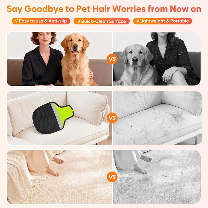 Flashseen Pet Hair Removal Glove for Cats & Dogs, Reusable Electrostatic Pet Hair Gloves, Pet Hair Remover Tool for Clothing, Couch, Carpet, Car Seat (2PcsBlack)