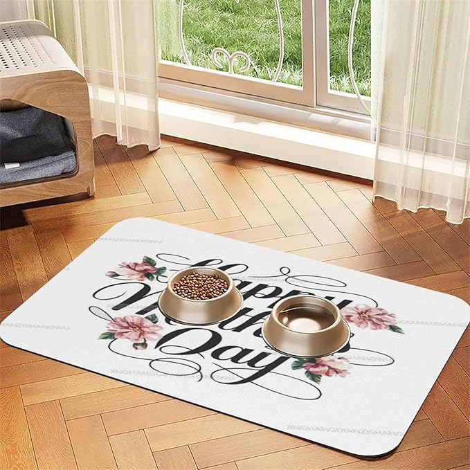 Pet Feeding Mat Happy Mother's Day Floral Gift Mom Js Dog Food Mat for Food Water No Stains Quick Dry Dispenser Cat Bowl Mats for Messy Drinkers 24x16In