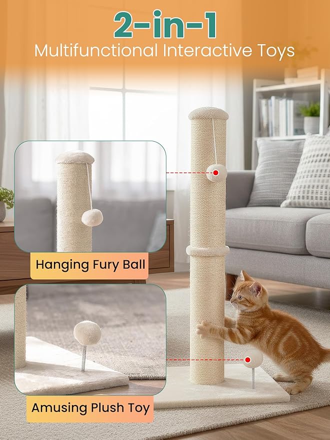 Cat Scratching Post 33-Inch Cat Scratching Post Natural Sisal Rope Mounting Methods Scratcher Tree Tower with Stable Base and Hanging Toy Balls for Indoor Cats and Kittens