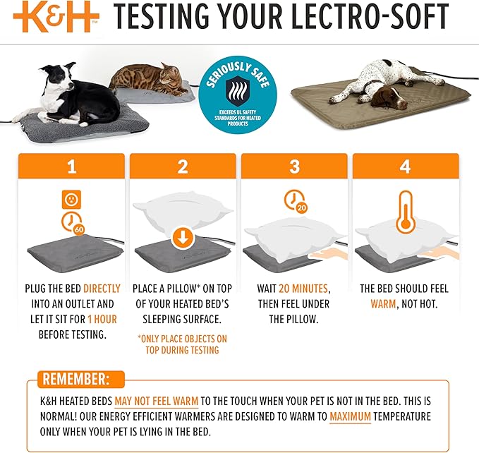 K&H Pet Products Lectro-Soft Orthopedic Outdoor Heated Dog and Cat Bed for Medium Dogs or Big Cats, Soft/Flexible Safety Listed Warming Pad, Waterproof, Washable Cover - Medium 24 X 19in Tan 40W