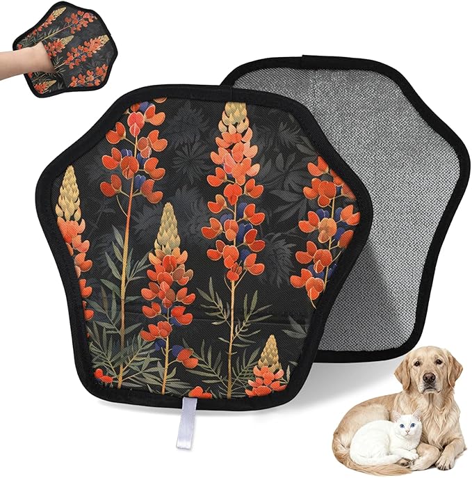Wildflower Themed Electrostatic Pet Hair Removal Glove for Cats & Dogs - Reusable Grooming Mitt for Couch, Carpet, Car Seat & Laundry - Large 9x9 Inch