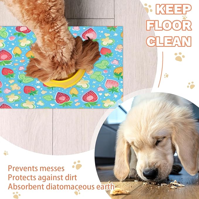 Strawberry Dog Food Mat for Floors Absorbent Dog Bowl Mat for Food and Water Dispenser Quick Dry Cat Food Placemat Pet Supplies 24" x 32", Cute Fruit