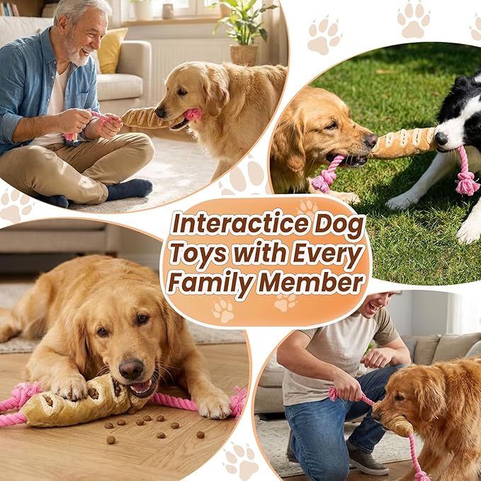 Baguette Dog Snuffle Toy, Interactive Crinkle Plush Chew Toys with Rope for Large Medium Small Dogs, Hide and Seek Treat Dispensing Puzzle for Puppy Boredom Relief, Brain Stimulation Foraging