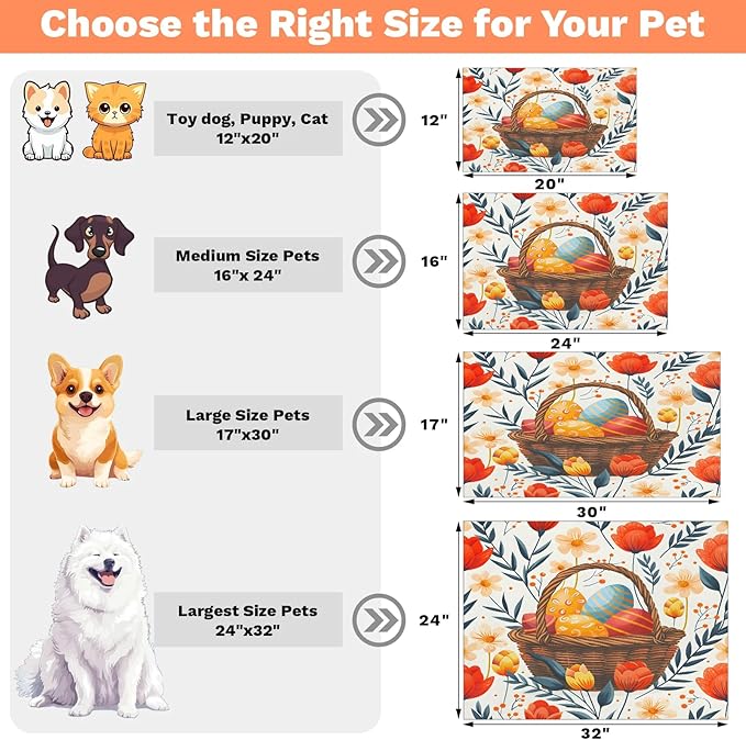 Spring Easter Dog Food Mat for Floors Absorbent Dog Bowl Mat for Food and Water Dispenser Quick Dry Cat Food Placemat Pet Supplies 16" x 24", Flower Egg