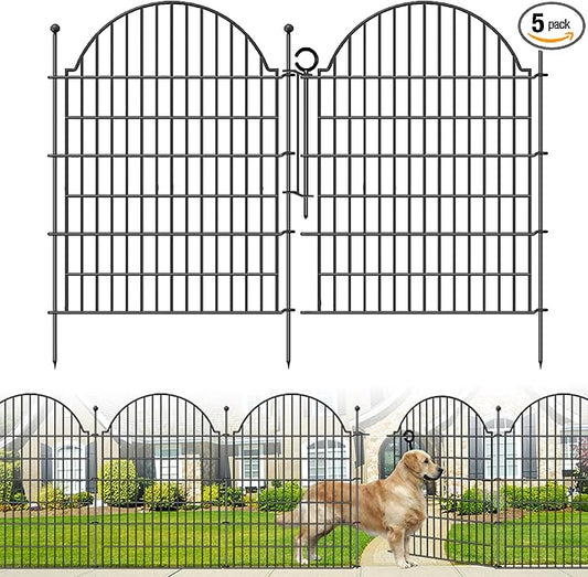 5 Panels Decorative Garden Fencing with Gate for Yard, 40in (H) x 11.8ft (L) No Dig Animal Barrier Fence, Rustproof Metal Wire Outdoor Dog Fences Panel Border with Temporary Ground Stakes