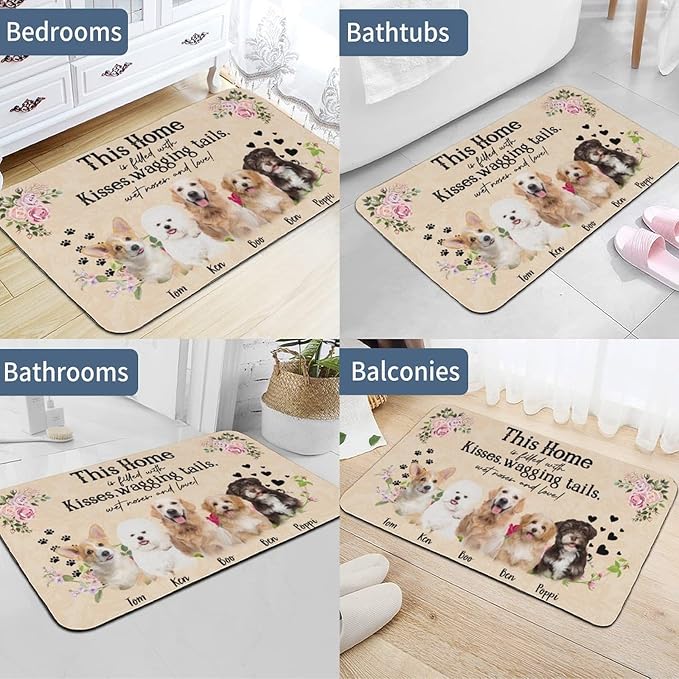 Personalized Dog Cat Doormat, Personalized Gift for Dog Lovers, Dog Dad, Dog Mom,Custom Pet Door Mat for Outdoor,Indoor,Floral Home Door Mat-24x16inch(Up to 5 Dog)