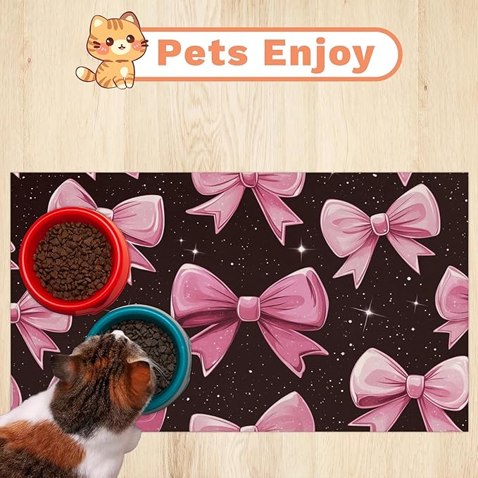 Bow Dog Food Mat for Floors Absorbent, Quick Dry Water Dispenser Mat for Food, Water, Pet Supplies 16" x 24", Pink Bowknot