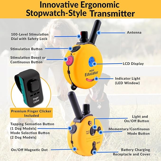 Educator E-Collar Humane Dog Training Collar with Remote, 100 Safe Tapping Stimulation Levels, Night Light, Waterproof, Rechargeable, 1/2 Mile 2 Small-Medium Dogs, Yellow