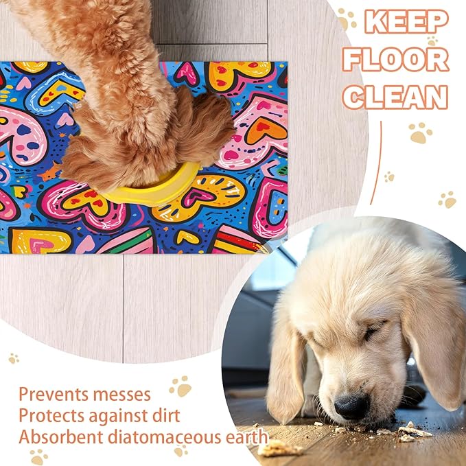 Colorful Love Dog Food Mat for Floors Absorbent, Quick Dry Water Dispenser Mat for Food, Water, Pet Supplies 12" x 20", Heart