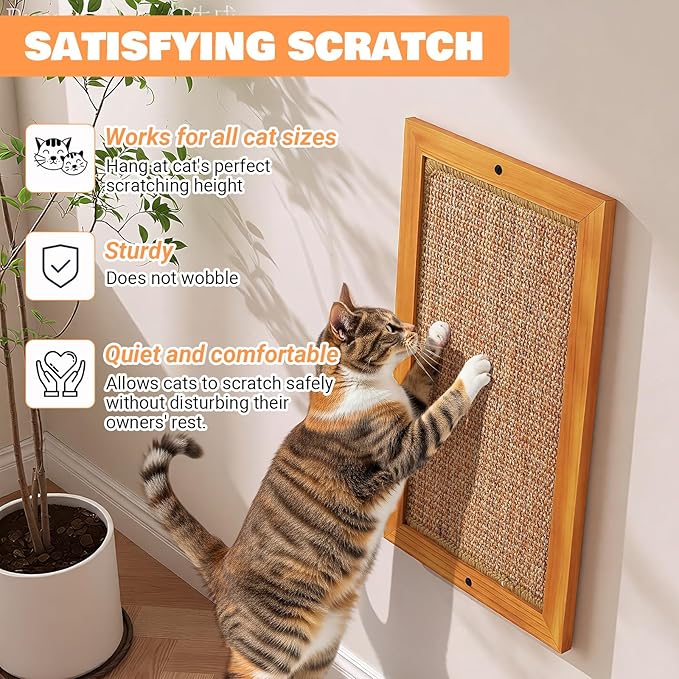Wall Mounted Cat Scratching Post, Wooden Sisal Panel Scratcher, Natural Wood Frame with Durable Sisal Rope Surface for Cats，Space Saving Wall Furniture for Cats, Protects Furniture from Scratching