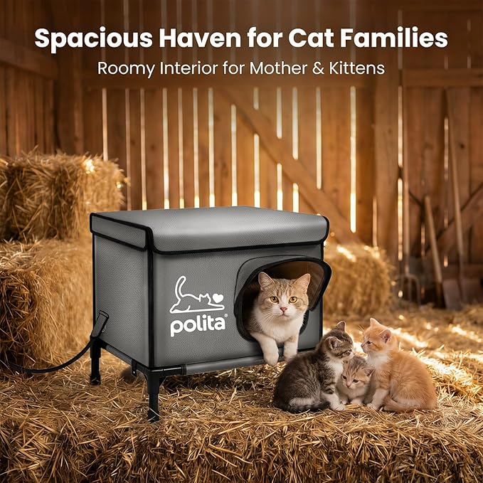 Polita Indestructible Heated Cat House for Outdoor Cats All Seasons, Extremely Insulated & 100% Weatherproof, Elevated Feral Cat Shelter with Waterproof Eaves &Safe Escape Door for Stray & Barn Cats