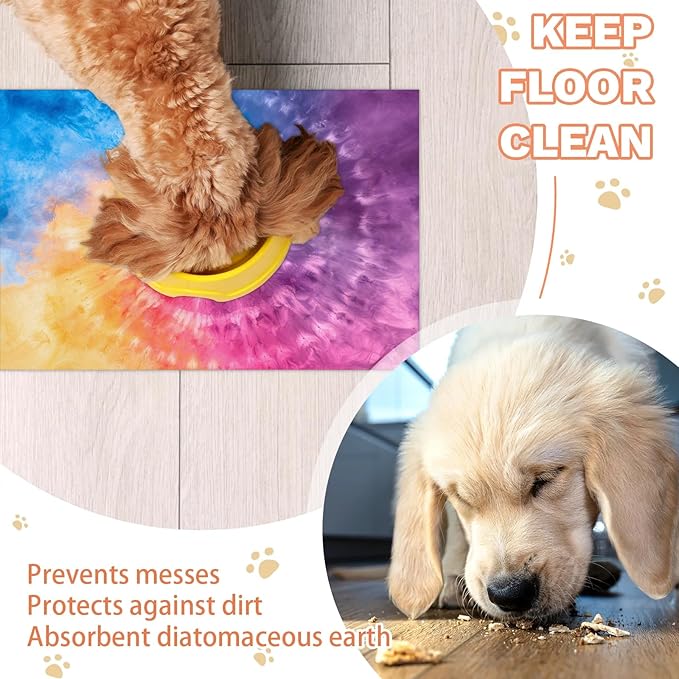 Tie Dye Dog Food Mat for Floors Absorbent, Quick Dry Water Dispenser Mat for Food, Water, Pet Supplies 16" x 24", Boho Abstract