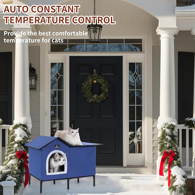 Large Heated Cat Houses for Outdoor Cats in Winter, Heated cat House for Indoor and Kitty Shelter for Your Pet to Stay Warm and Cozy,Easy to Assemble. (Dark Blue, Large)